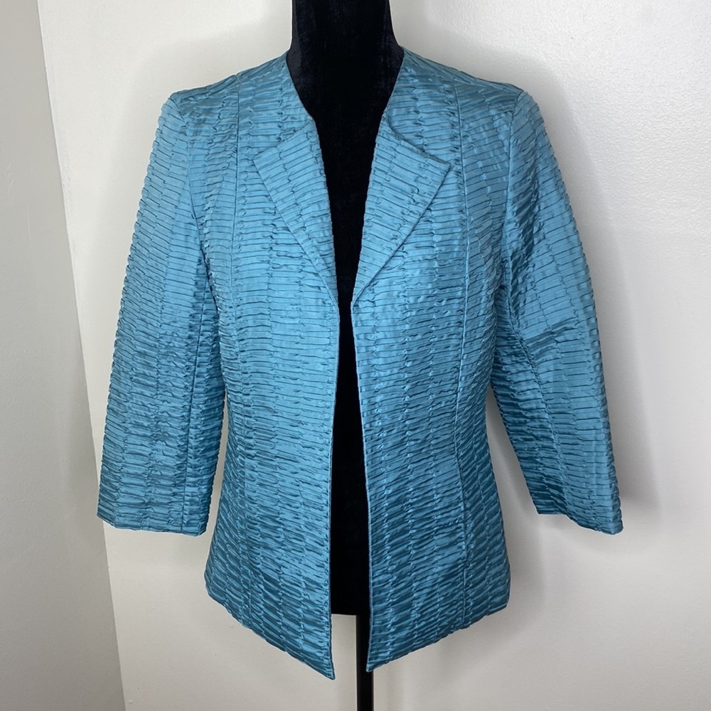 Silk Club Collection Womens Teal Blue Textured Silk Blazer Jacket Size S